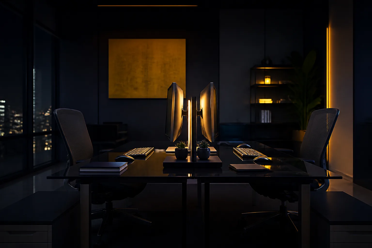 Two glass desks with shared screens