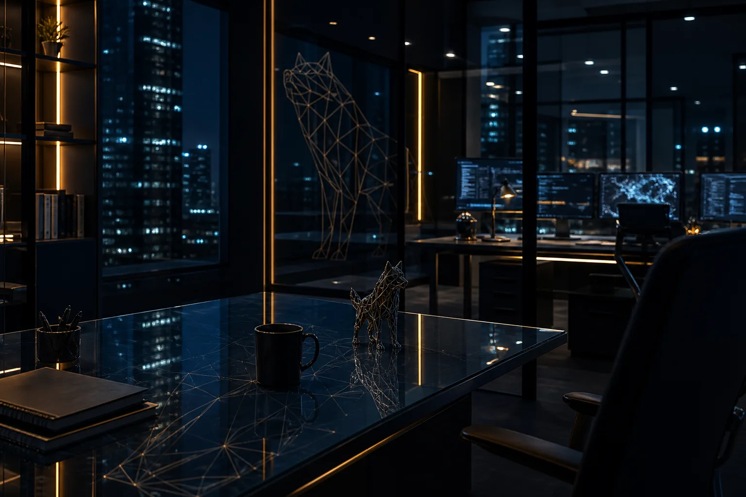 Night glass workspace with geometric wolf-wireframe reflections