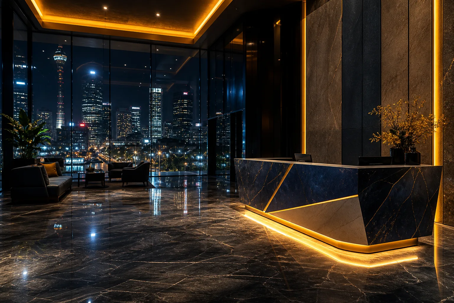 Night glass lobby and reception