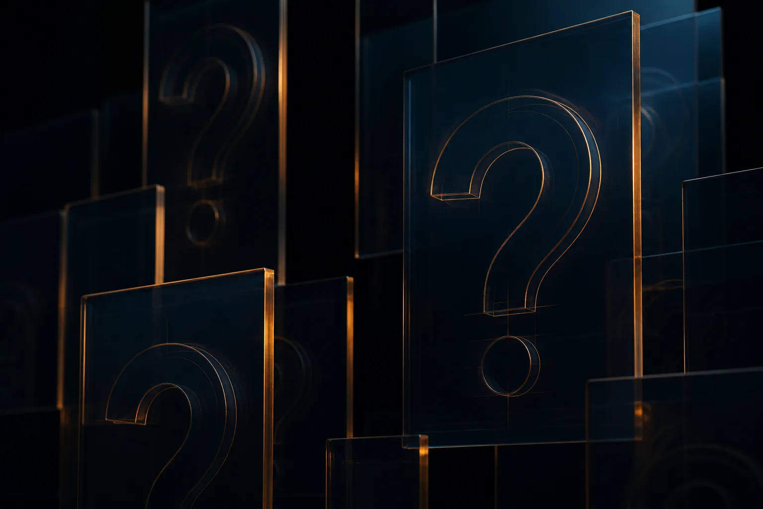 Layered glass panels with geometric question-mark light