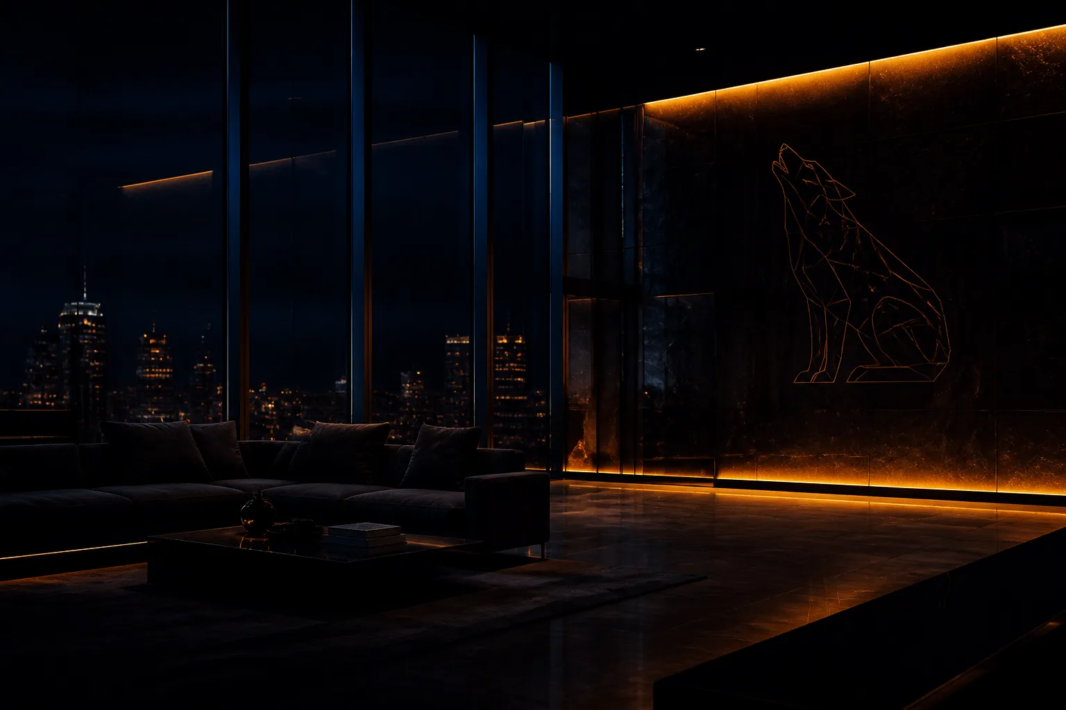Night interior with glass and a geometric wolf wireframe