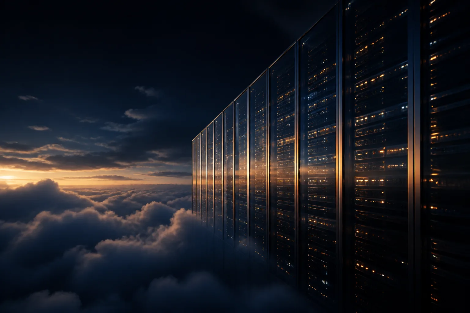 Glass data centre racks fading into night sky