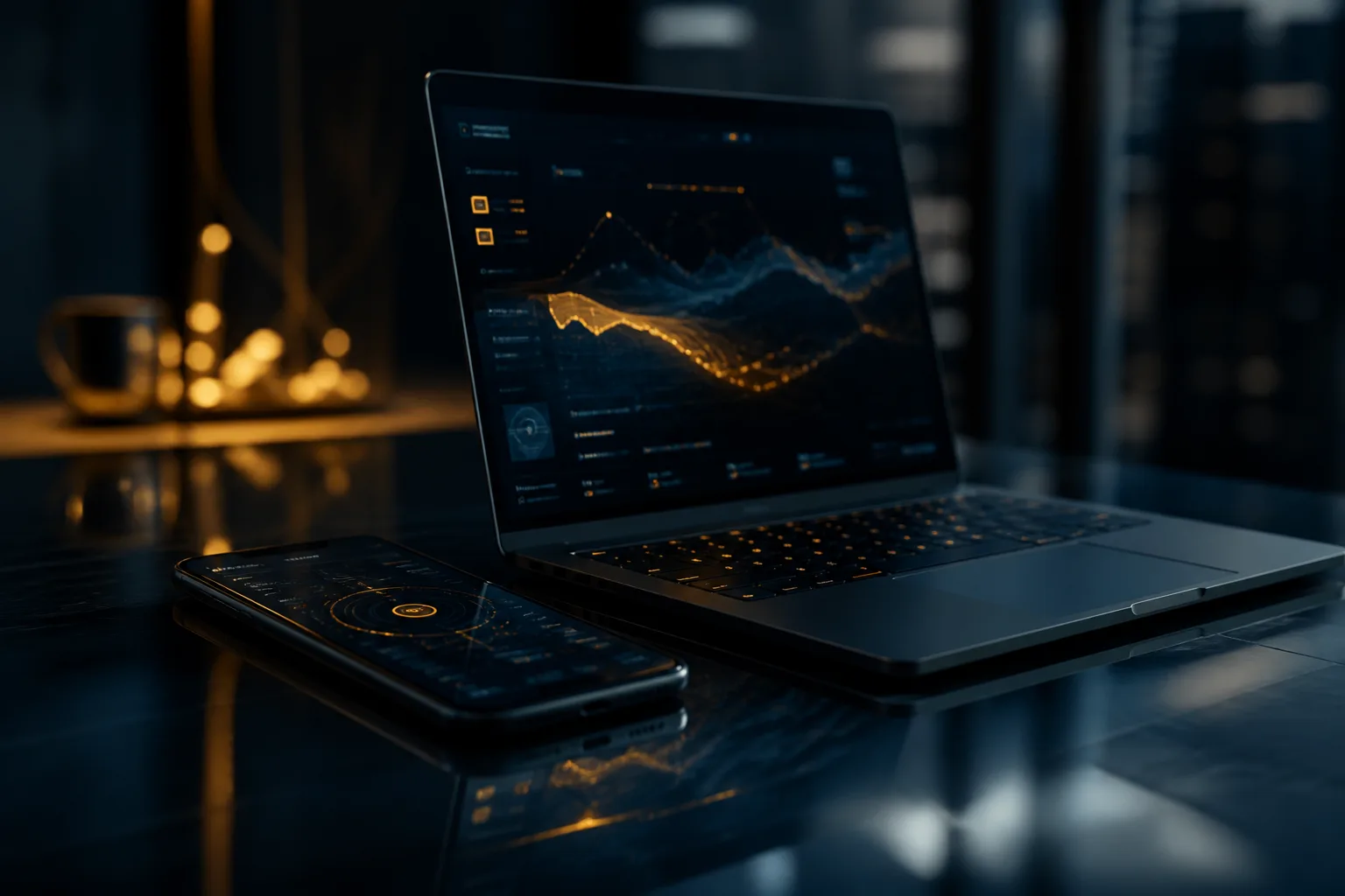 Smartphone and laptop on a dark glass desk