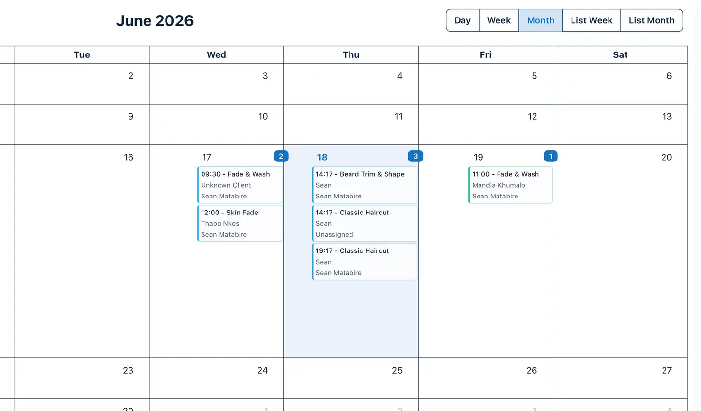 Zuri appointments calendar month view