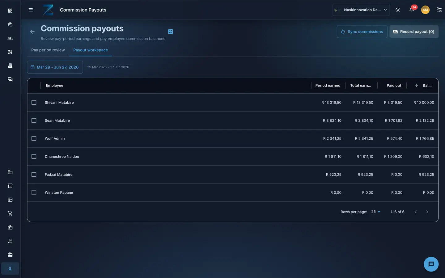 Zuri commission payouts workspace